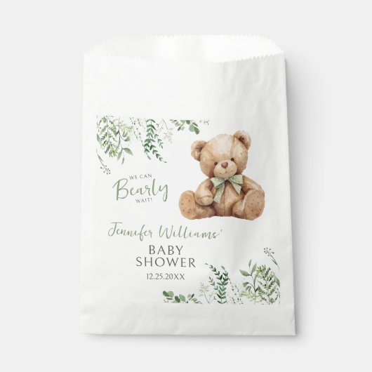 Sage Green Leaves Teddy Bear Bow Baby Boy Shower Bedankzakje (Voorkant)