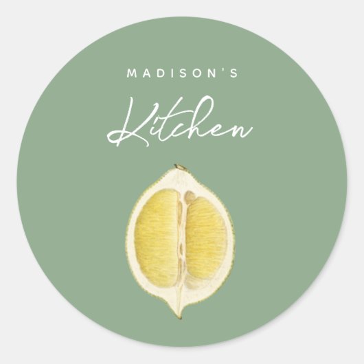 Sage Green & Lemon Script Cooking Custom Name Ronde Sticker (Voorkant)