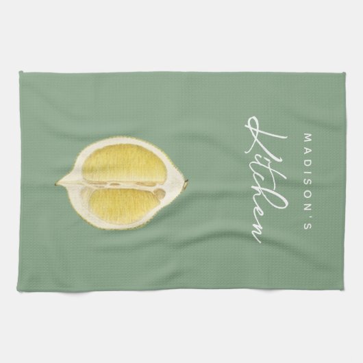 Sage Green & Lemon Script Cooking Custom Name Theedoek (Horizontaal)