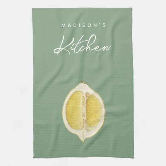 Sage Green & Lemon Script Cooking Custom Name Theedoek (Verticaal)