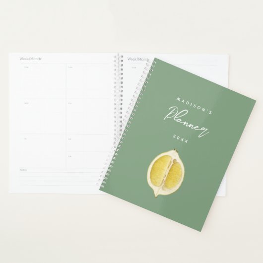 Sage Green & Lemon Script Modern Planner Journal (Devant avec enveloppe)