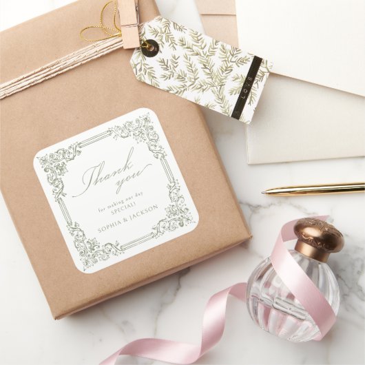 Sage Green  Lijst Elegant Script Bedankt Vierkante Sticker (Geschenken)