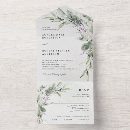 Sage Green Lila Eucalyptus Botanical Wedding All In One Uitnodiging (Binnen)