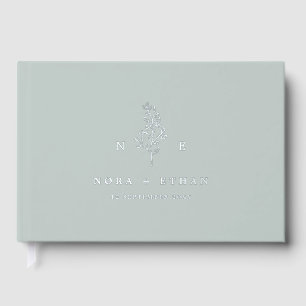 Sage Green Line Art Leaf Monogram Huwelijk Folie Gastenboek