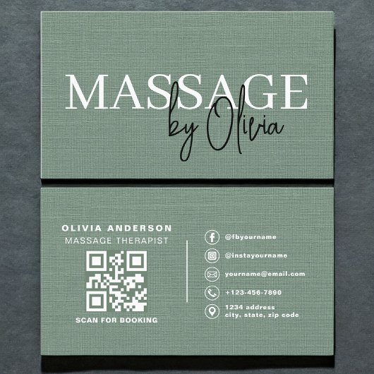 Sage Green Linen Massage Therapist QR Code  Visitekaartje