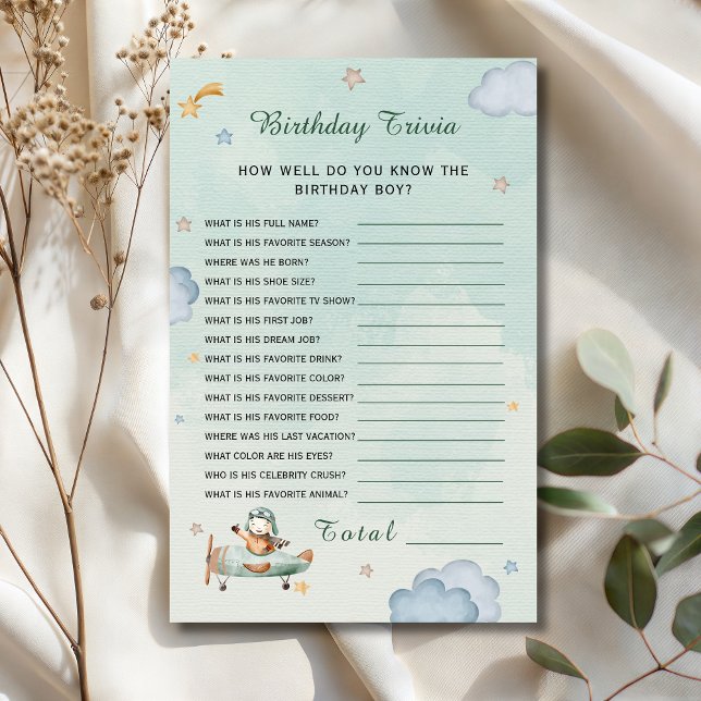 Sage Green Little Pilot Birthday Trivia Card (Creator heeft geüpload)