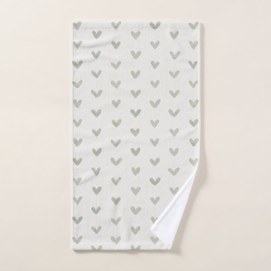 Sage Green Love Hearts Motif sur Offwhite (Serviette à main)
