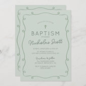 Sage Green Main tiré Baptême Invitation (Devant / Derrière)