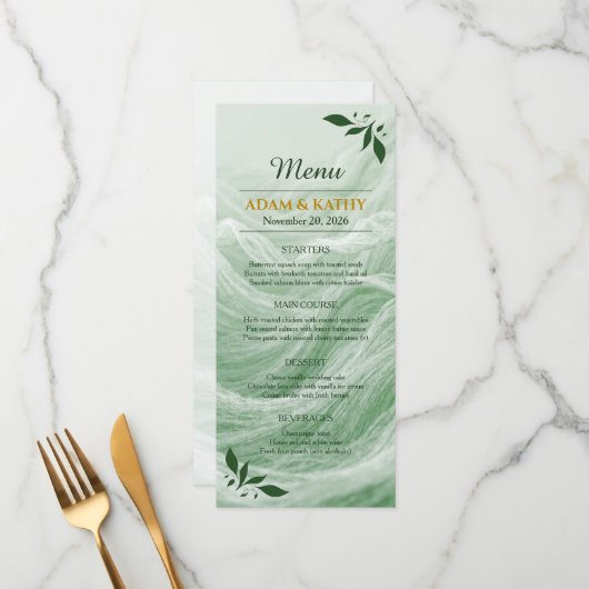 Sage Green Marble & Gold Wedding Menu (Devant/Arrière en situation)