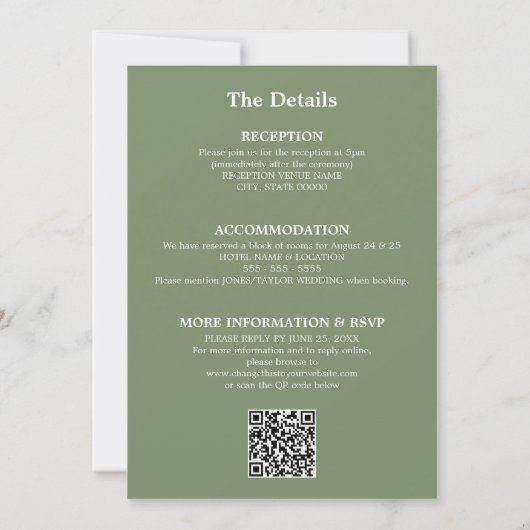 Sage Green Mariage QR Code RSVP Invitation (Dos)