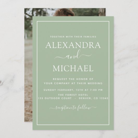Sage Green Mariage Romantique Photo Invitation (Devant / Derrière)