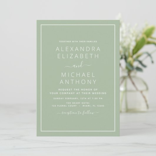 Sage Green Mariage Typographie moderne Invitation (Debout devant)