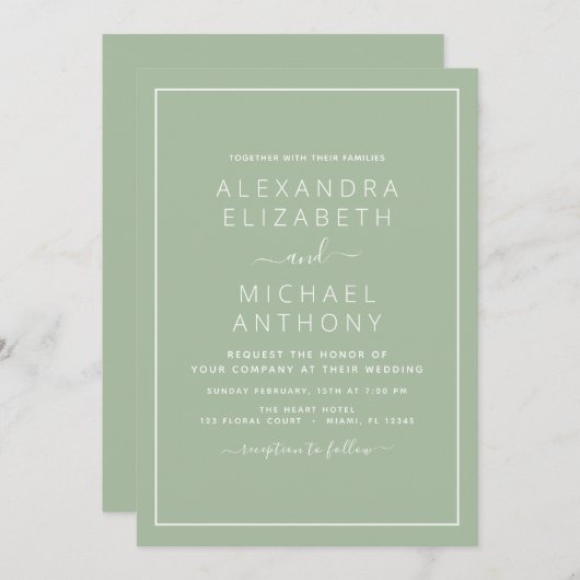 Sage Green Mariage Typographie moderne Invitation (Devant / Derrière)