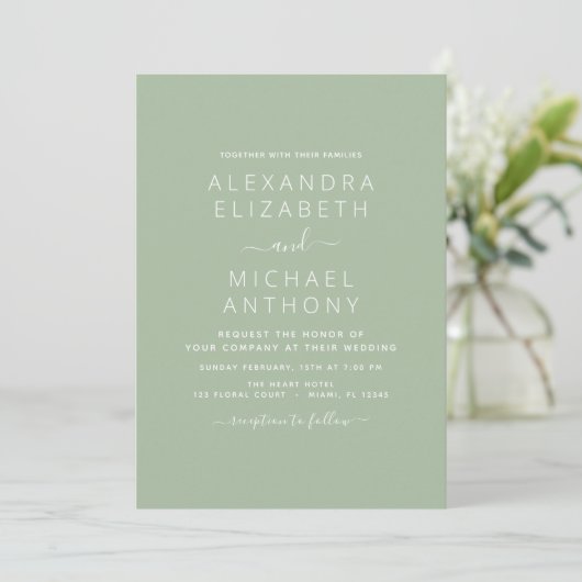 Sage Green Mariage Typographie moderne Invitation (Debout devant)