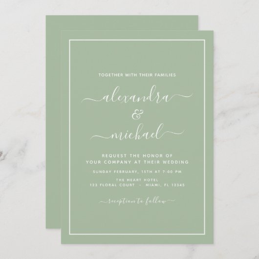 Sage Green Mariage Typographie moderne Invitation (Devant / Derrière)
