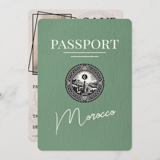Sage Green Marokko Paspoort Bewaar de datum Save The Date (Voorkant / Achterkant)