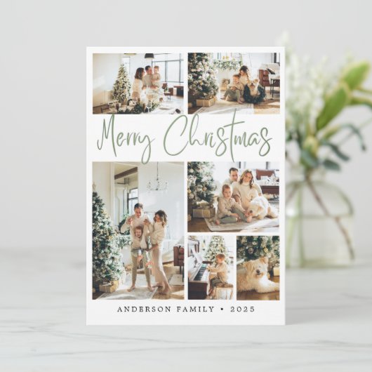 Sage Green Merry Kerstkalligrafie Foto Feestdagenkaart (Staand voorkant)