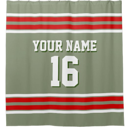 Sage Green met Red White Stripes Sports Jersey Douchegordijn (Voorkant)