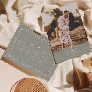 Sage Green Mid Century 70s Monogram Foto Wedding Kaart