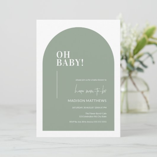 Sage Green Minimal Arch Oh Baby shower Uitnodiging (Staand voorkant)