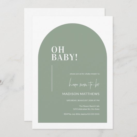 Sage Green Minimal Arch Oh Baby shower Uitnodiging (Voorkant / Achterkant)