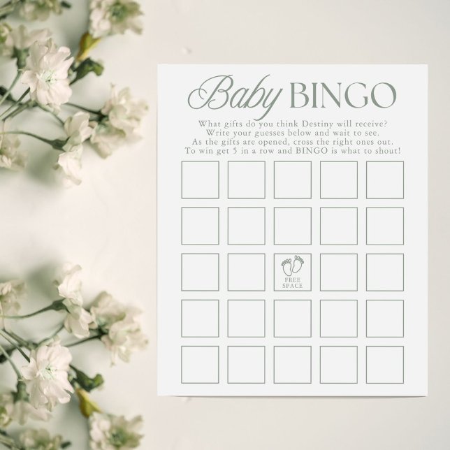 Sage Green Minimal Baby Shower Bingo Game (Creator heeft geüpload)