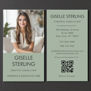 Sage Green Minimal QR Code Foto Modern Visitekaartje