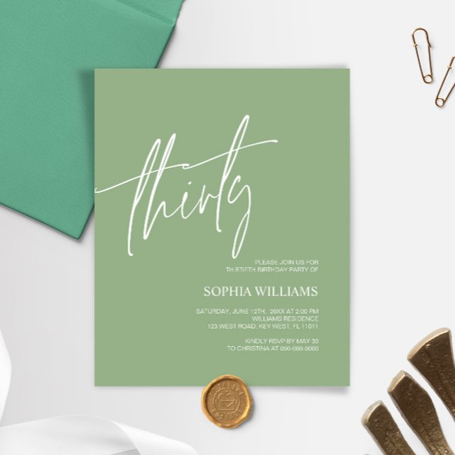 Sage Green Minimalist 30th Birthday Invitation (Creator heeft geüpload)