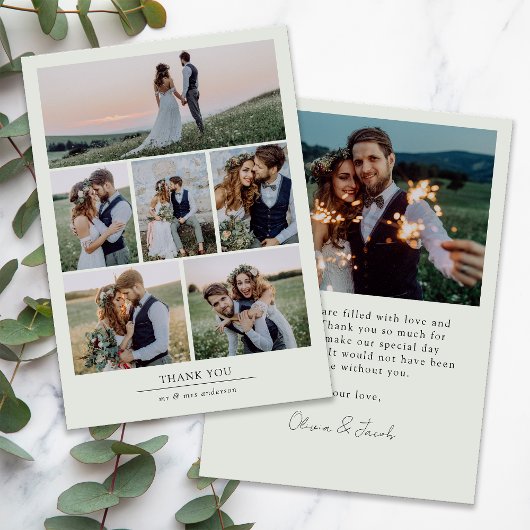 Sage Green Minimalist 7 foto bruiloft Bedankkaart