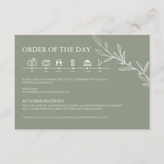 Sage Green Minimalist Boho Wedding Tijdschema Informatiekaartje (Voorkant)