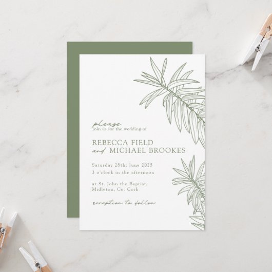 Sage Green Minimalist Botanical Wedding Kaart (Voorkant / Achterkant in situ)
