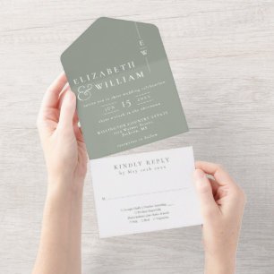 Sage Green Minimalist Elegant Monogram Huwelijk All In One Uitnodiging