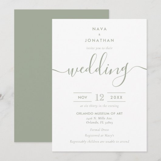 Sage Green Minimalist Modern Script Wedding Kaart (Voorkant / Achterkant)