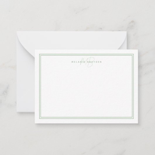 Sage Green Minimalist Monogram Two Border Notitiekaartje (Voorkant)