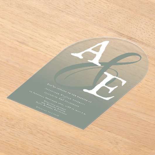 Sage Green Minimalist Monogram Weddenschap Acryl Uitnodigingen (Laagn)