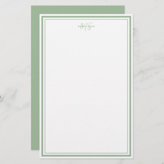 Sage Green Minimalist Simple Monogram Two Border Briefpapier (Voorkant / Achterkant)