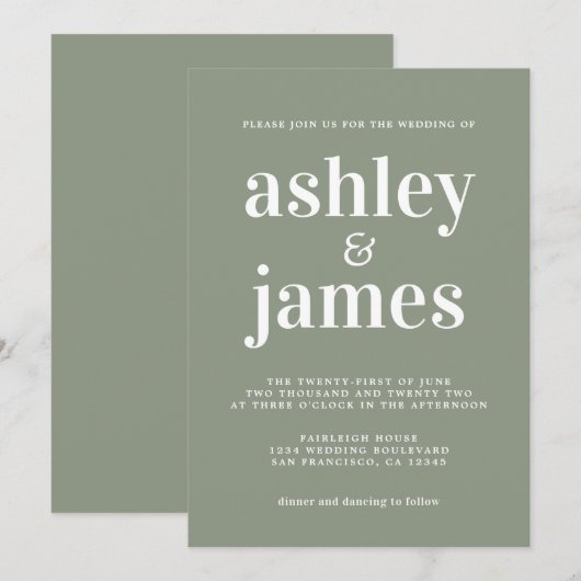 Sage Green Minimalist Wedding Invitation (Devant / Derrière)