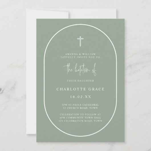 Sage Green Modern Arch Script Minimalist Baptisme  Kaart (Voorkant)