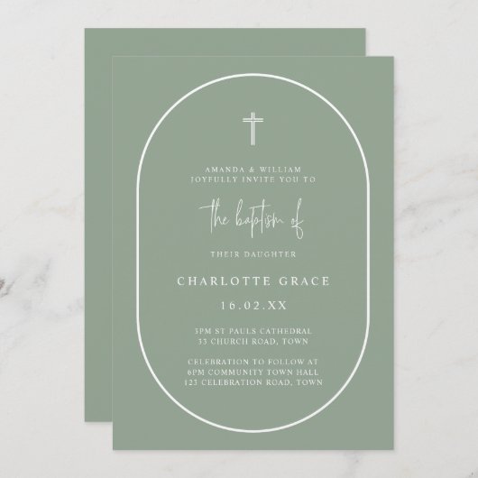 Sage Green Modern Arch Script Minimalist Baptisme  Kaart (Voorkant / Achterkant)