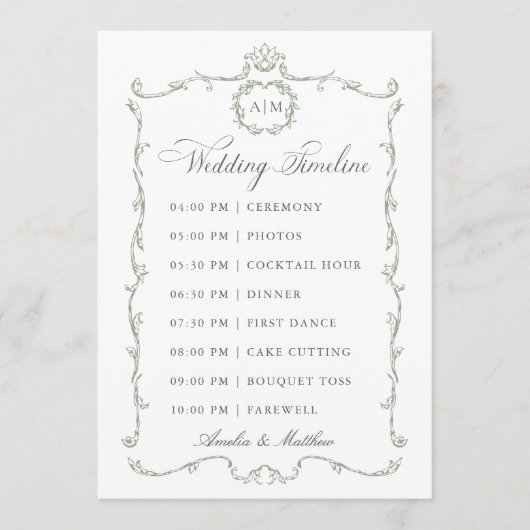 Sage Green Modern Classic French Wedding Timeline Programma (Voorkant)