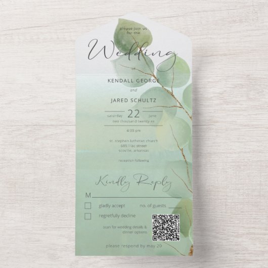 Sage Green Modern Eucalyptus QR Code All In One Uitnodiging (Binnen)