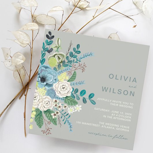 Sage green modern floral Wedding Kaart