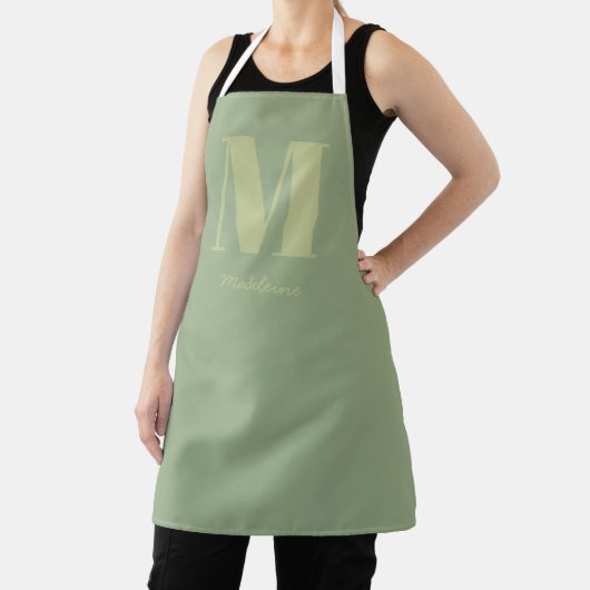 Sage Green Modern Minimal Monogram Initiaal Naam Schort (Insitu)