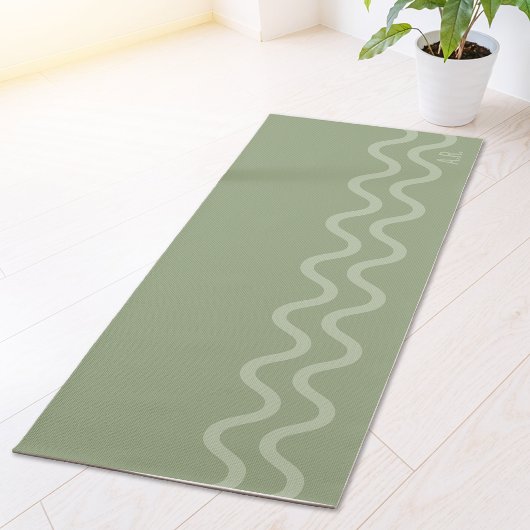 Sage Green Modern Minimal Wavy Lines And Initials Yogamat