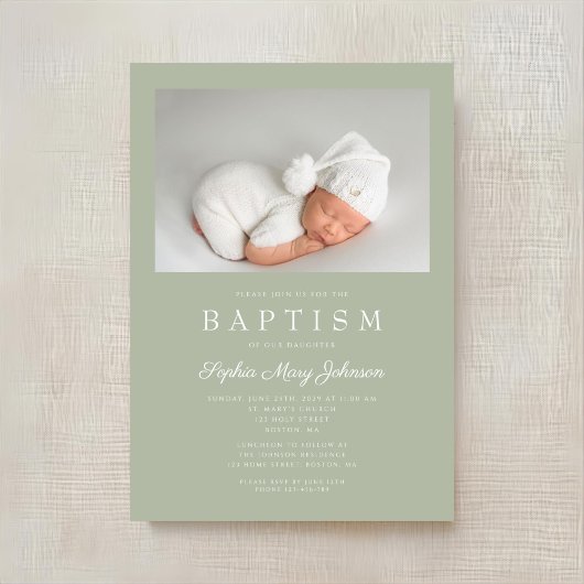 Sage Green Modern Photo Baptisme Kaart