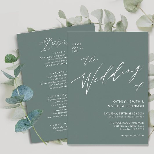 Sage Green Modern Script All in One Simple Wedding Kaart