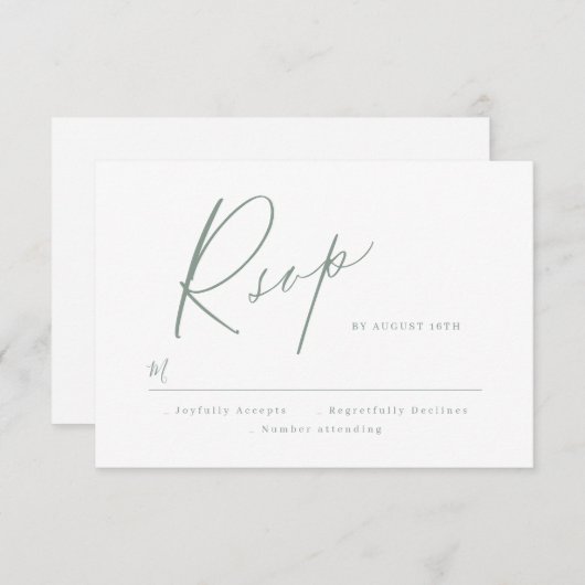 Sage Green modern script minimalistische bruiloft RSVP Kaartje (Voorkant / Achterkant)
