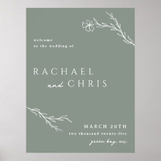 Sage Green Modern Stenciled Floral Welkom Teken Poster