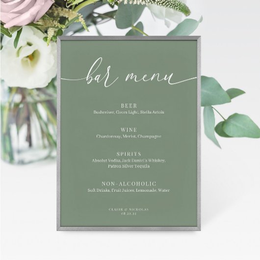 Sage Green Moderne élégant Barre de Mariage Menu S