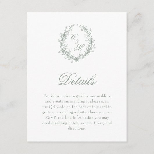 Sage Green Monogram Botanische Krans Details Informatiekaartje (Voorkant)